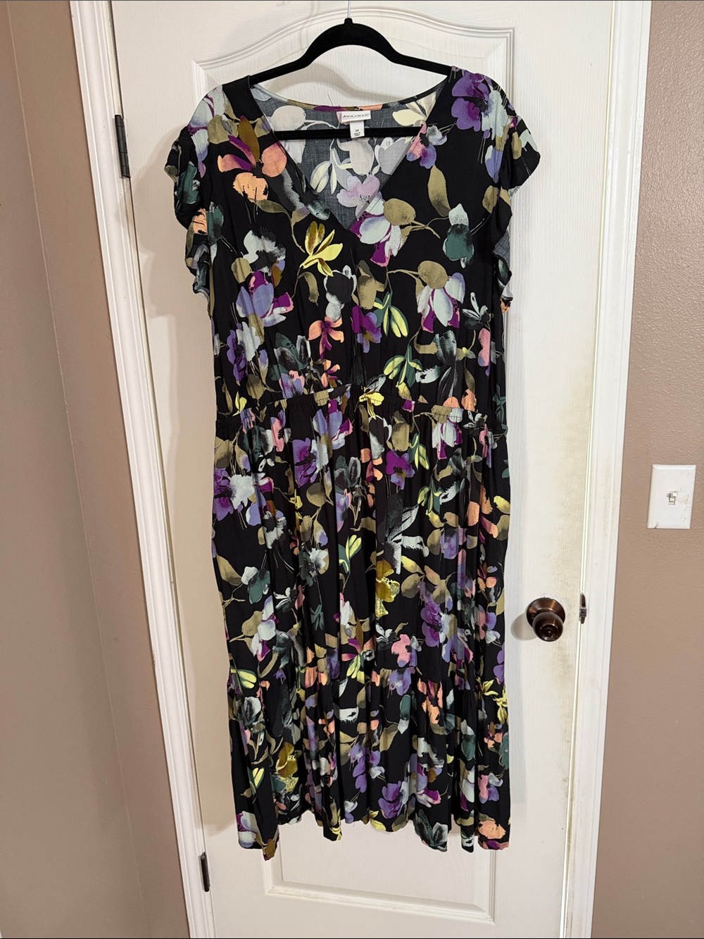 Ava & Viv Black Floral Midi Dress with Purple, Yellow, Green Accents